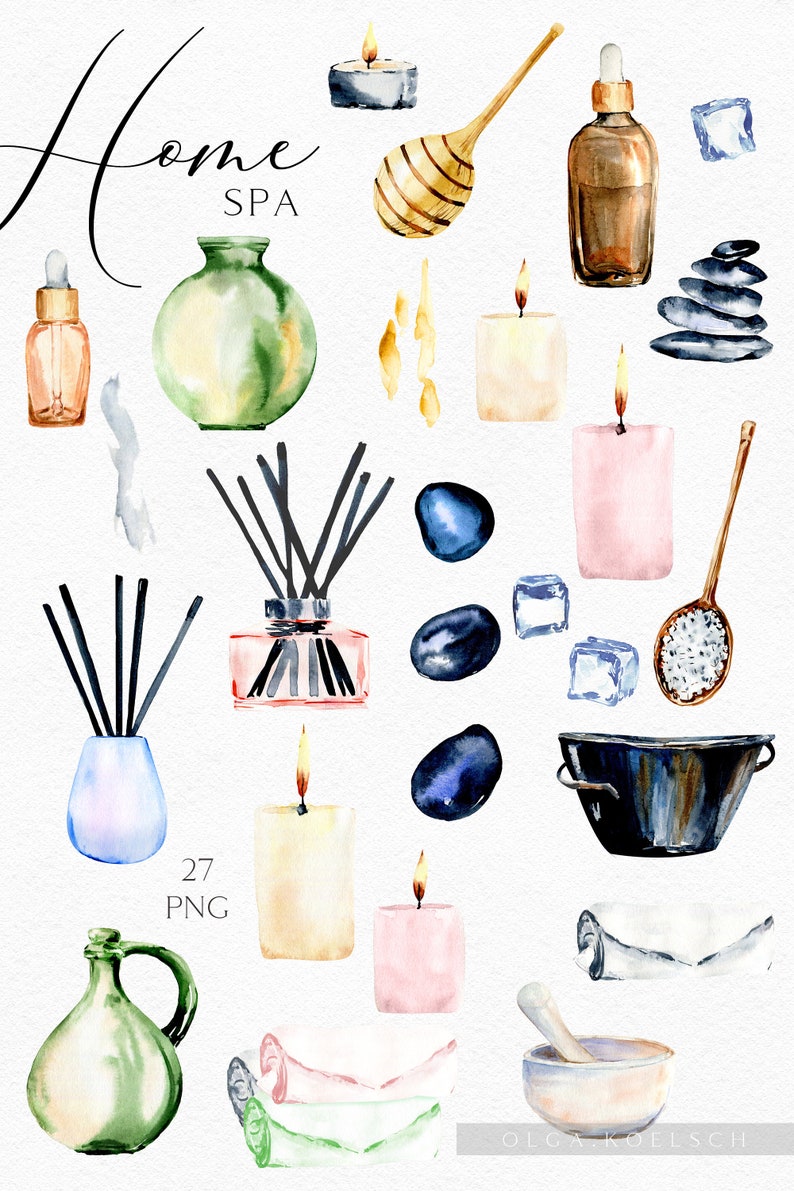 May include: Watercolor illustration of home spa items, including candles, essential oils, bath salts, and stones. The text "Home SPA" is written in cursive at the top of the image. There are 27 PNG images in this set.