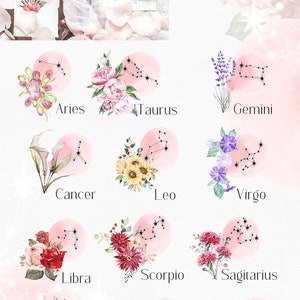 May include: A set of 12 watercolor illustrations of zodiac signs with floral arrangements. Each sign is depicted with a unique flower bouquet and its corresponding constellation. The signs are: Aries, Taurus, Gemini, Cancer, Leo, Virgo, Libra, Scorpio, Sagittarius, Capricorn, Aquarius, and Pisces.