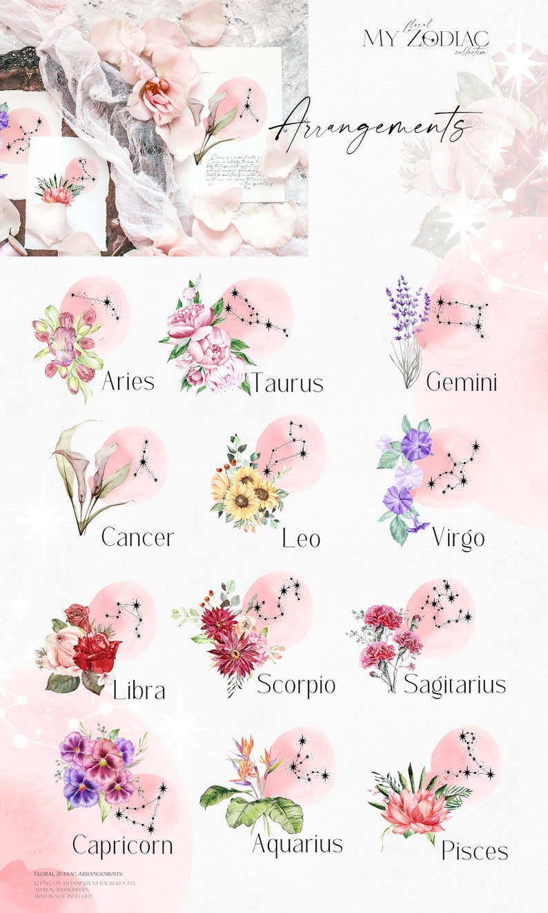 May include: A set of 12 watercolor illustrations of zodiac signs with floral arrangements. Each sign is depicted with a unique flower bouquet and its corresponding constellation. The signs are: Aries, Taurus, Gemini, Cancer, Leo, Virgo, Libra, Scorpio, Sagittarius, Capricorn, Aquarius, and Pisces.