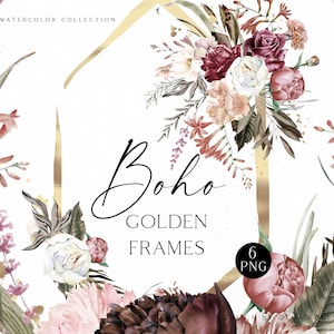 Boho rose clipart, Gold and burgundy wedding frame png, Watercolor roses golden borders png for wedding invitations, baby shower 009