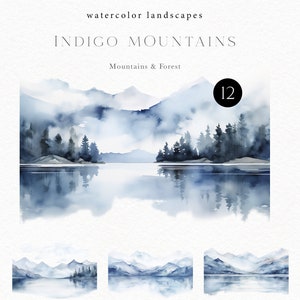 Aquarell Berglandschaft Clipart, Blaue Waldlandschaft png für Plakate, Aquarell Hintergründe für Wohndekor und Einladungen 165