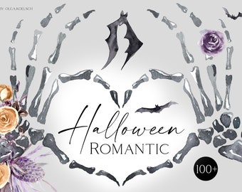 Halloween bundle, Witch clipart, with black cat png, watercolor pumpkin clipart, skeletons Printable Halloween graphics 131
