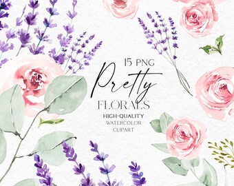 Lavender roses clipart, Watercolor boho floral elements png, Pink wedding clipart with eucalyptus, lavender,  roses png 004