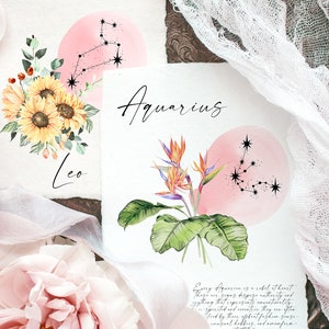 May include: Two watercolor illustrations of zodiac signs, Leo and Aquarius. The Leo illustration features a bouquet of sunflowers with a pink watercolor circle and black constellation behind it. The Aquarius illustration features a bird of paradise flower with a pink watercolor circle and black constellation behind it. Both illustrations have the zodiac sign name written below.
