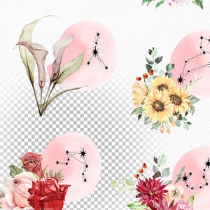 May include: Watercolor illustrations of floral bouquets with zodiac constellations. Each bouquet features a different flower and constellation, including peonies, sunflowers, calla lilies, and roses. The constellations are depicted in black and white on a pink background.