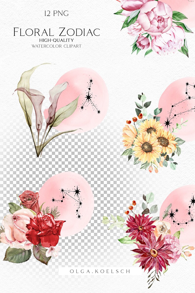 May include: Watercolor illustrations of floral bouquets with zodiac constellations. Each bouquet features a different flower and constellation, including peonies, sunflowers, calla lilies, and roses. The constellations are depicted in black and white on a pink background.