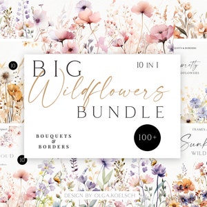 Watercolor Floral Bundle - Wildblumen Rahmen, Pastell rosa Blumensträuße png für Einladungskarte, Poster 158