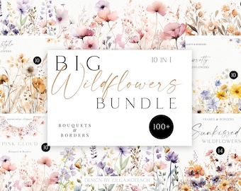 Op de afbeelding: Een digitale illustratieset van 10 aquarelboeketten en -randen met wilde bloemen in verschillende kleuren, waaronder roze, blauw, geel en wit. De set bevat meer dan 100 elementen en heeft de titel "Big Wildflowers Bundle".