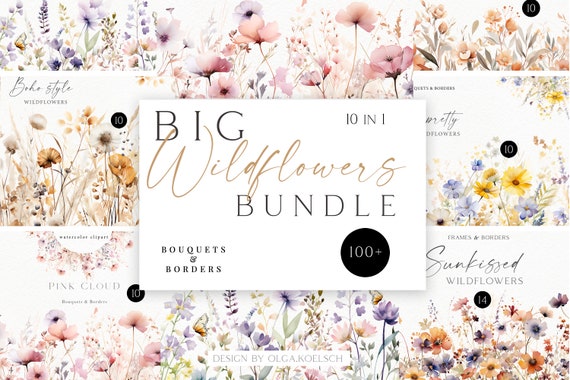 Watercolor Floral Bundle - Wild flowers border clipart, Pastel pink meadow bouquets png for wedding invitation, posters 158
