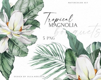 Boho tropical clipart, White  magnolia floral and jungle leaves png, Tropical wedding bouquet clipart, Baby shower, logo design 013
