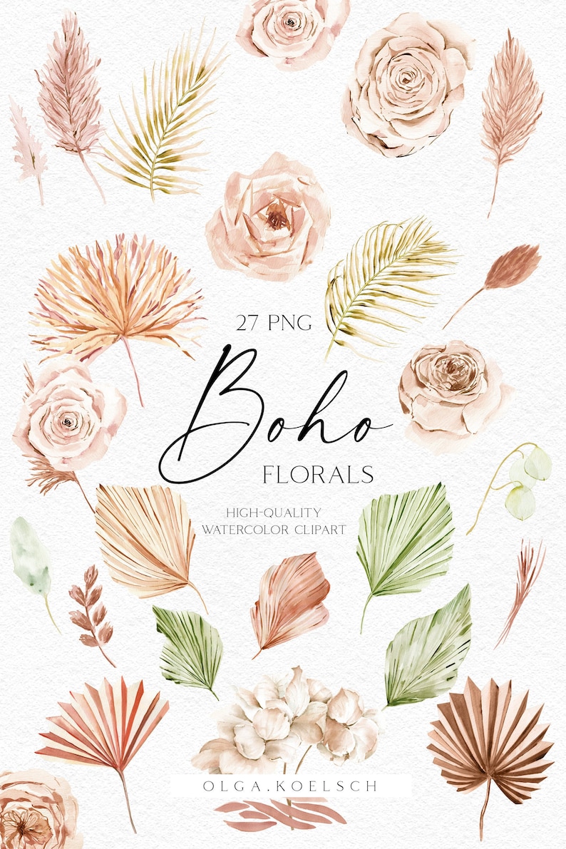 May include: A set of 27 watercolor clipart illustrations featuring boho florals and leaves in shades of brown, beige, and green. The illustrations include roses, hydrangeas, palm leaves, and other foliage.