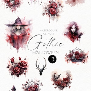 Watercolor Witchy Gothic Halloween Bundle, Spooky Ghosts Clipart, Pink ...