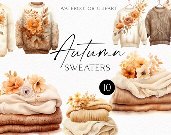 Watercolor fall sweater clipart, Cozy autumn scene, Fall flowers png, Knit pullover clipart, Commercial use 150