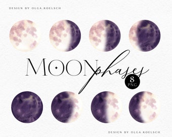 Watercolor moon phases clipart Modern celestial clipart Moon phases watercolor elements for astrology wall art, space art