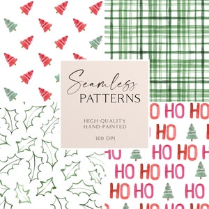 May include: Four seamless Christmas patterns featuring watercolor illustrations of holly leaves, green and red Christmas trees, and the words "Ho Ho Ho" in pink and red.