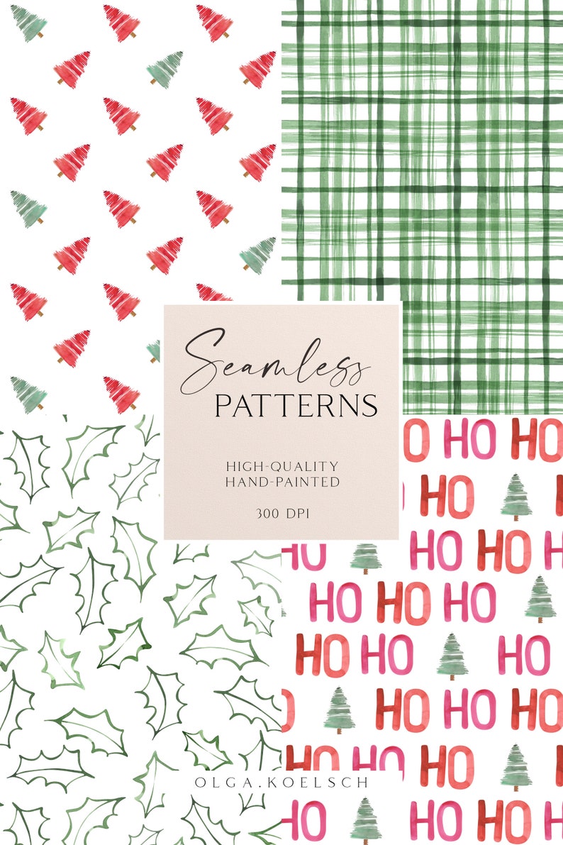 May include: Four seamless Christmas patterns featuring watercolor illustrations of holly leaves, green and red Christmas trees, and the words "Ho Ho Ho" in pink and red.