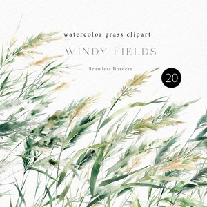 May include: Watercolour clipart of a field of green grass with brown seed heads blowing in the wind. The text "WINDY FIELDS" and "Seamless Borders" is above the image. The number "20" is in a circle in the top right corner of the image. The text "OLGA.KOELSC" is at the bottom of the image.