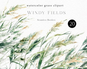 Op de afbeelding: Waterverf clipart van een veld met groen gras en bruine zaadkoppen die in de wind waaien. De tekst "WINDY FIELDS" en "Seamless Borders" staat boven de afbeelding. Het nummer "20" staat in een cirkel in de rechterbovenhoek van de afbeelding. De tekst "OLGA.KOELSC" staat onderaan de afbeelding.