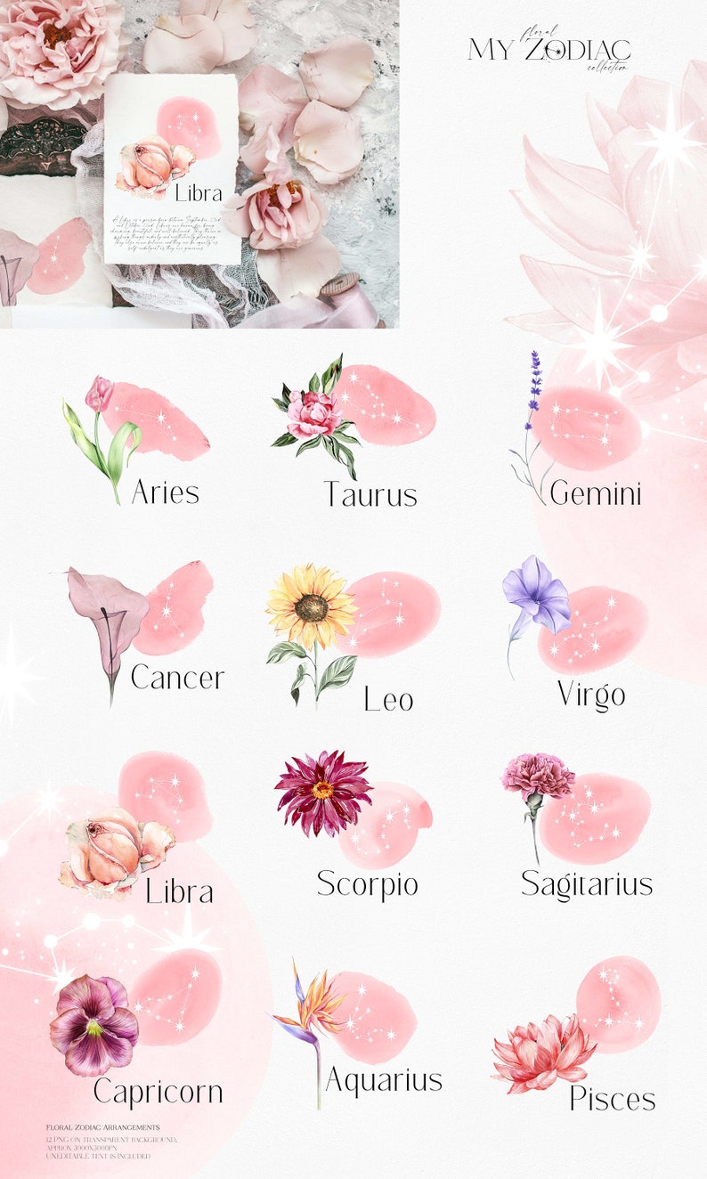 May include: A set of twelve watercolor illustrations of zodiac signs with floral elements. Each sign is depicted with a different flower and constellation. The background is a soft pink with white stars.
