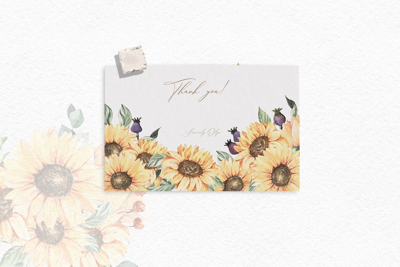 May include: A thank you card with a watercolor illustration of sunflowers and greenery. The text on the card reads "Thank you!" and "Sincerely Yours".