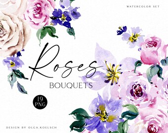 Watercolor Rose Clipart, Purple Pink Floral Bouquets (PNG)