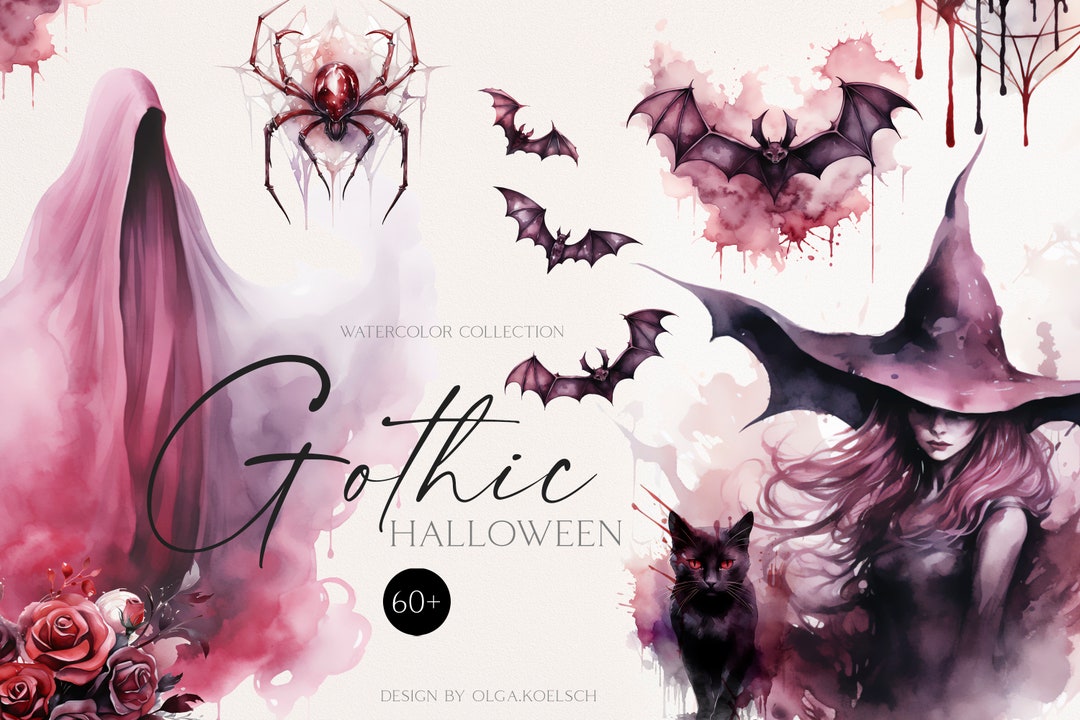 Watercolor Witchy Gothic Halloween Bundle, Spooky Ghosts Clipart, Pink ...