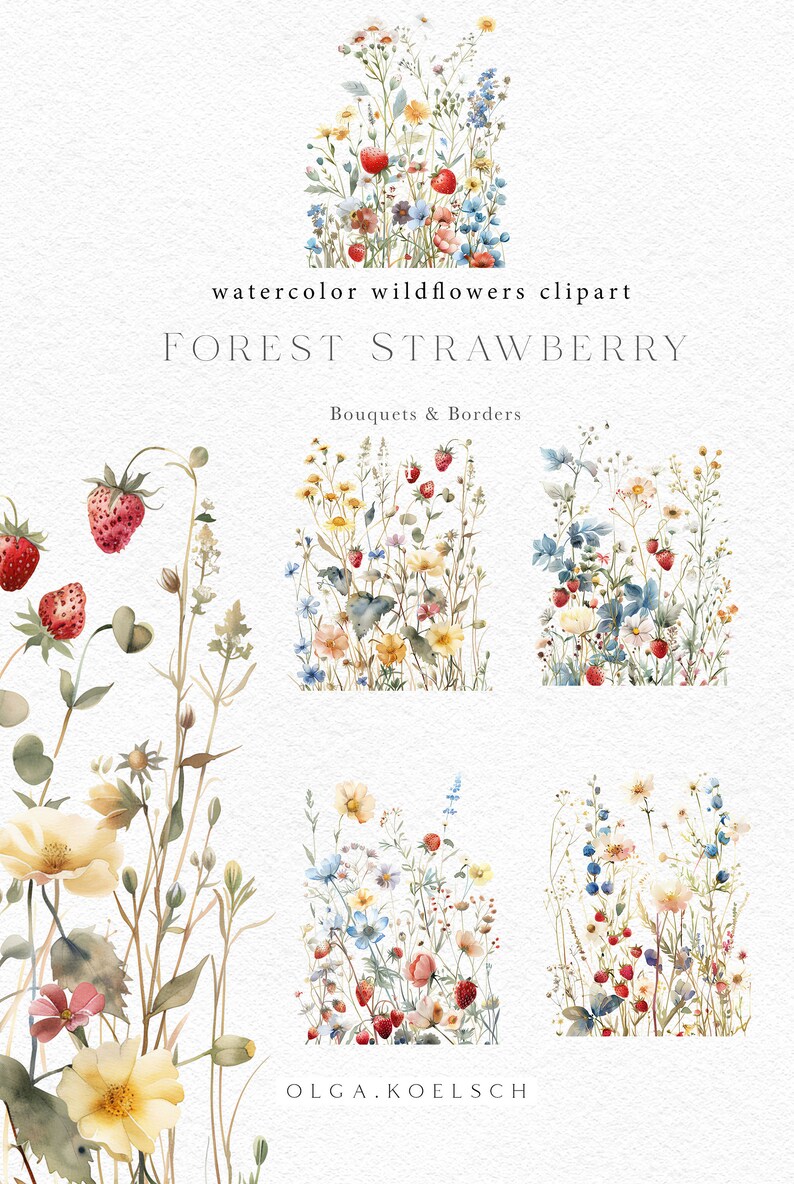 Hand-painted wildflower clipart, Watercolor red flowers clip art, Wild flowers individual botanical clip art for wedding invitation