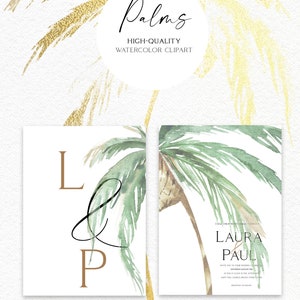 May include: Wedding invitation with a watercolor illustration of palm leaves and the text "Laura & Paul" in a modern font. The invitation includes the date, time, and location of the wedding ceremony and reception. The text "Olga.Koelsch" is at the bottom of the invitation.