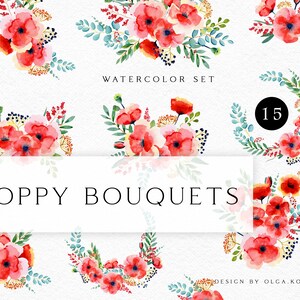 Clipart floral aquarelle pavot.  Clipart bouquet de fleurs rouges pour faire-part de mariage bohème.  Fleurs des prés d'été PNG 018
