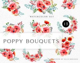 Poppy watercolor floral clipart.  Red flower bouquet clipart for boho wedding invitation.  Summer  meadow flowers PNG 018