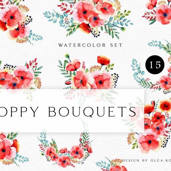 Poppy watercolor floral clipart.  Red flower bouquet clipart for boho wedding invitation.  Summer  meadow flowers PNG 018