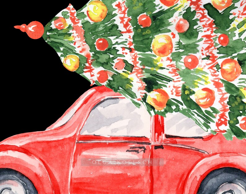 Akvarell röd jullastbil Clipart, julgran PNG (3000x3000 px) bild 7