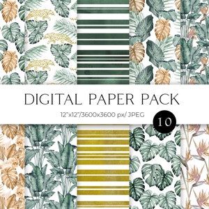 Aquarel boho tropisch digitaal papierpakket. Naadloos bohopatroon met junglebladeren en bloemenelementen 12 x 12 JPG 012