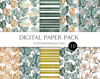 Watercolor boho tropical digital paper pack. Boho seamless pattern with jungle leaves and floral elements 12x12 JPG 012