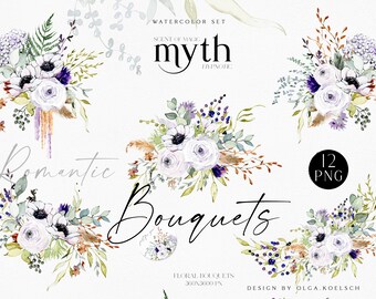 Watercolor floral clipart, Boho white flowers and greenery bouquets, Anemone and eucalyptus leaves for Wedding invitations 025