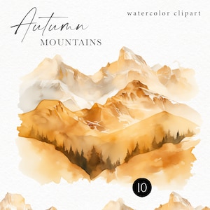 Watercolor mountains clipart, Fall landscape, woodland forest scene for travel posters, wedding invitations  150