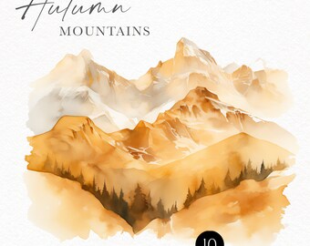 Watercolor mountains clipart, Fall landscape, woodland forest scene for travel posters, wedding invitations  150