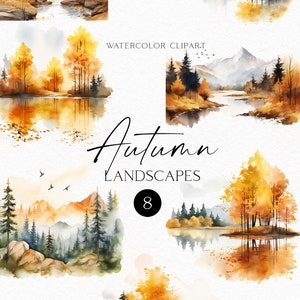 Watercolor fall landscape clipart, Autumn mountains png, Fall forest clip art, Woodland watercolor background, Commercial use 150