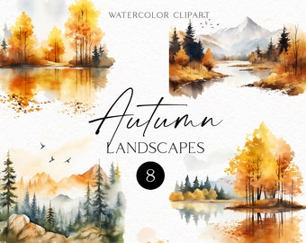 Op de afbeelding: Acht aquarel illustraties van herfstlandschappen met bomen, bergen, rivieren en watervallen. De illustraties zijn geschilderd in tinten bruin, geel en oranje.