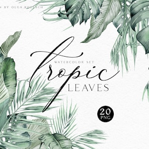 May include: Watercolor set of 20 tropical leaves in shades of green. The leaves are arranged in a border around the text "Watercolor Set Tropical Leaves 20 PNG".