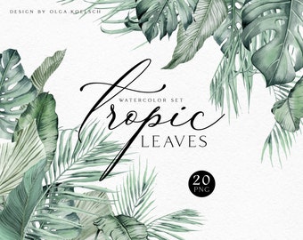 Watercolor tropical leaves clipart. Hand drawn greenery clipart  with jungle leaves  png for wedding invitation 013