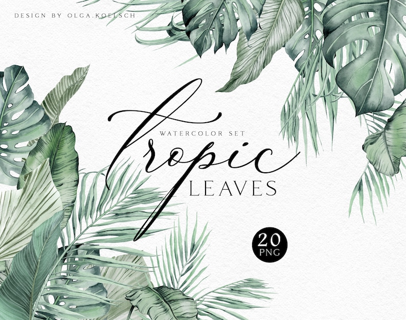 May include: Watercolor set of 20 tropical leaves in shades of green. The leaves are arranged in a border around the text "Watercolor Set Tropical Leaves 20 PNG".