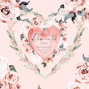 Clipart de aquarela de dia dos namorados, coração floral rosa png, bordas de rosas rosa clipart, chá de bebê de menina, convite de casamento 051