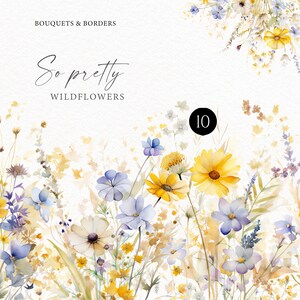 Pu&ograve; includere: Un'illustrazione ad acquerello di un bouquet di fiori selvatici gialli e blu. I fiori sono disposti in uno stile sciolto e naturale, e lo sfondo &egrave; un bianco morbido. Il testo "So pretty wildflowers" e "Bouquets & Borders" &egrave; in alto nell'immagine. Il numero "10" &egrave; in un cerchio in basso a destra dell'immagine. Il testo "Olga.Koelsch" &egrave; in basso nell'immagine.