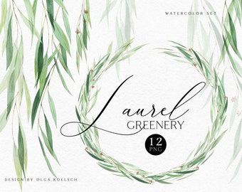 Corona de laurel en acuarela, hoja verde PNG (descarga digital)