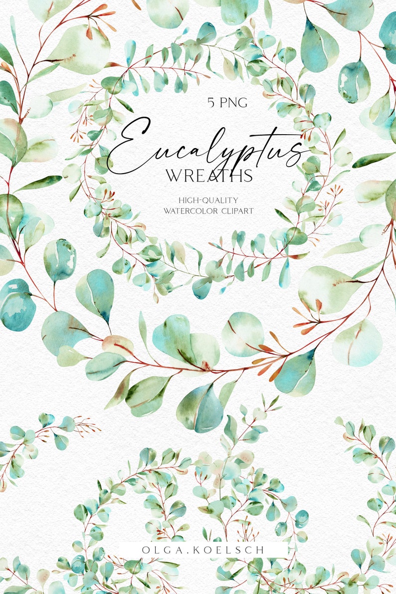 Watercolor Eucalyptus Wreath Clipart, Greenery Wedding Invitation (PNG ...