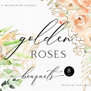 Watercolor Roses Clipart, Flower Gold Frame Png, Bouquet Clipart With ...