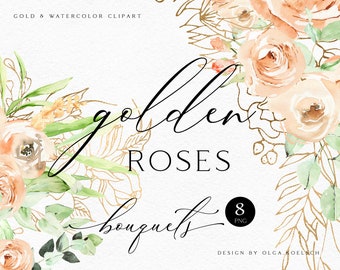 Aquarel rozen clipart, bloem gouden frame png, boeket clipart met gouden glitter bloemenrand 080