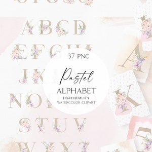 Clipart alfabeto matrimonio pastello Boho, alfabeto floreale rosa e viola acquerello png, lettere logo femminile 124