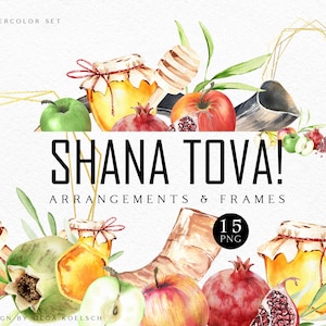 Rosh Hashanah żydowskie święto akwarela clipart, żydowska karta noworoczna, religijne clipart z żydowskim symbolem 067